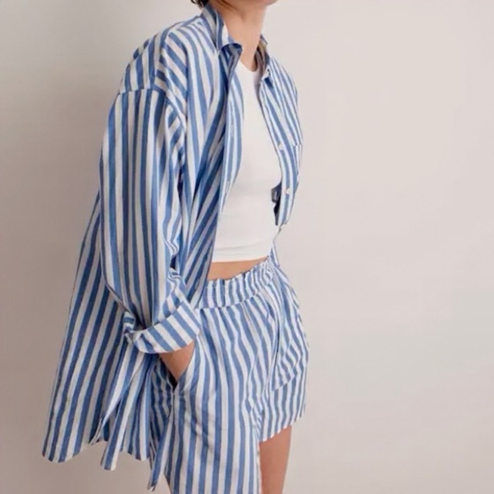 Madewell ‘Signature Poplin Oversized Shirt’ in “Hermitage Blue” Stripe Size XXS